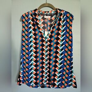Calvin Klein Blue and Orange Sleeveless Graphic Blouse Sz L NWT